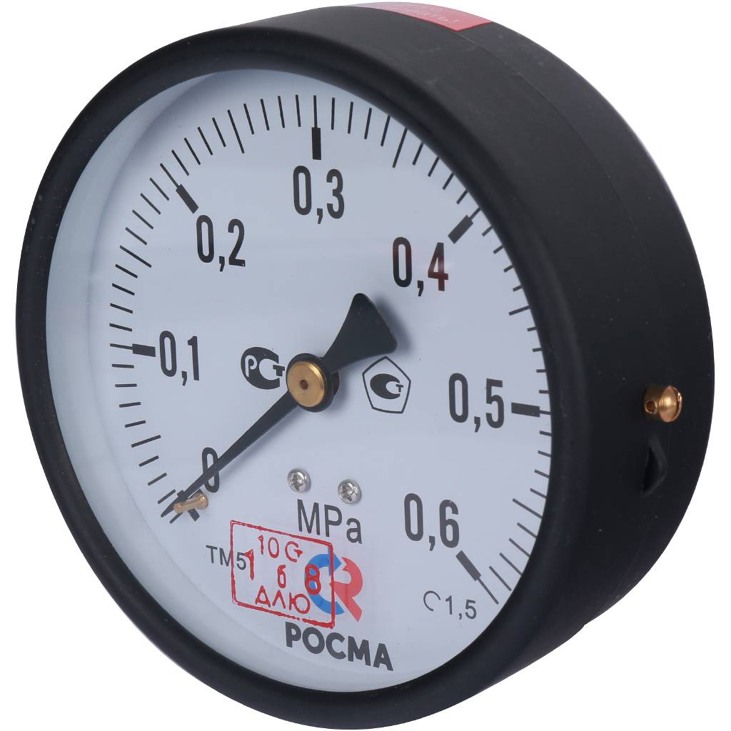 Росма ТМ-510Т.00(0-0,6МРа)G1/2.150С.1,5 МАНОМЕТР 100 мм, ТИП- ТМ-510Т, G1/2 (сзади), 0-0,6MPa, кл.1,5