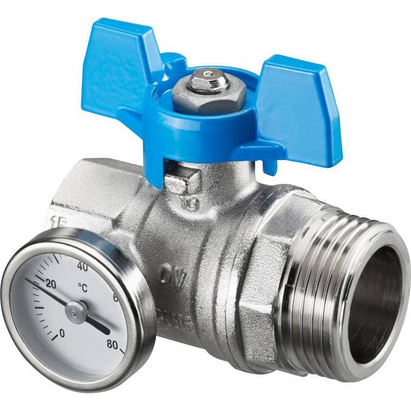 Кран шаровой Oventrop  муфтовый BP 3/4" х НР 1" с термометром 0-80°C , с синей ручкой бабочкой
