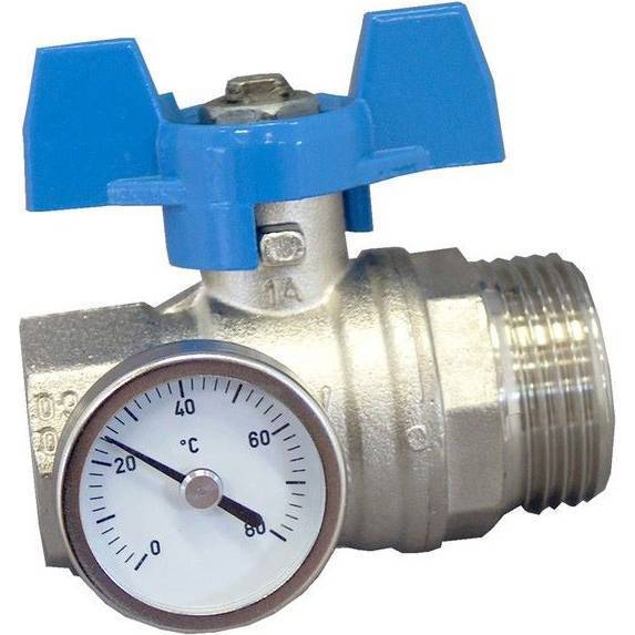 Кран шаровой Oventrop  муфтовый BP 1" х НР 1" с термометром 0-80°C , с синей ручкой бабочкой