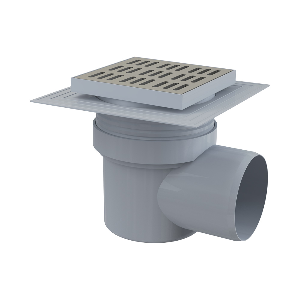 Сливной трап AlcaPlast 150x150/110 мм боковой сток, решетка из нержавеющей стали, воротник изоляции 2–го уровня, гидрозатвор мокрый