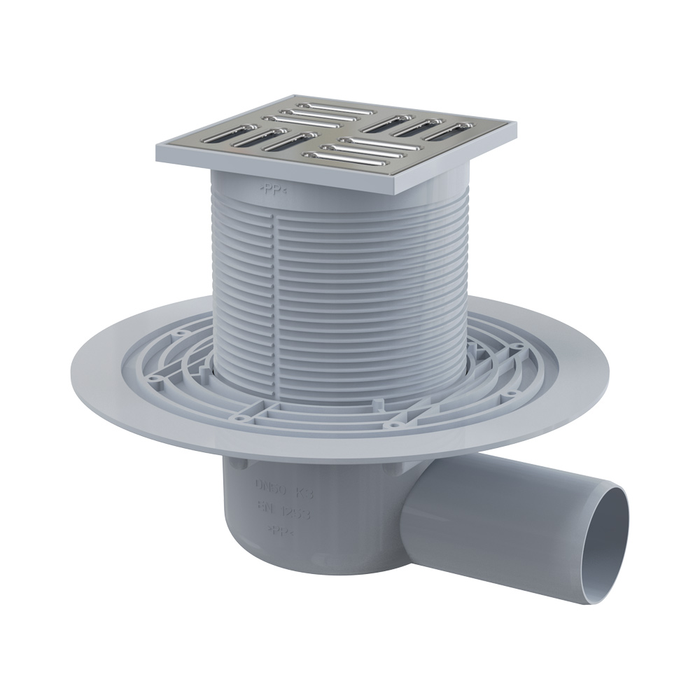 Сливной трап AlcaPlast 105x105/50 мм боковой сток, решетка из нержавеющей стали, комбинированный SMART затвор (сухой/мокрый)