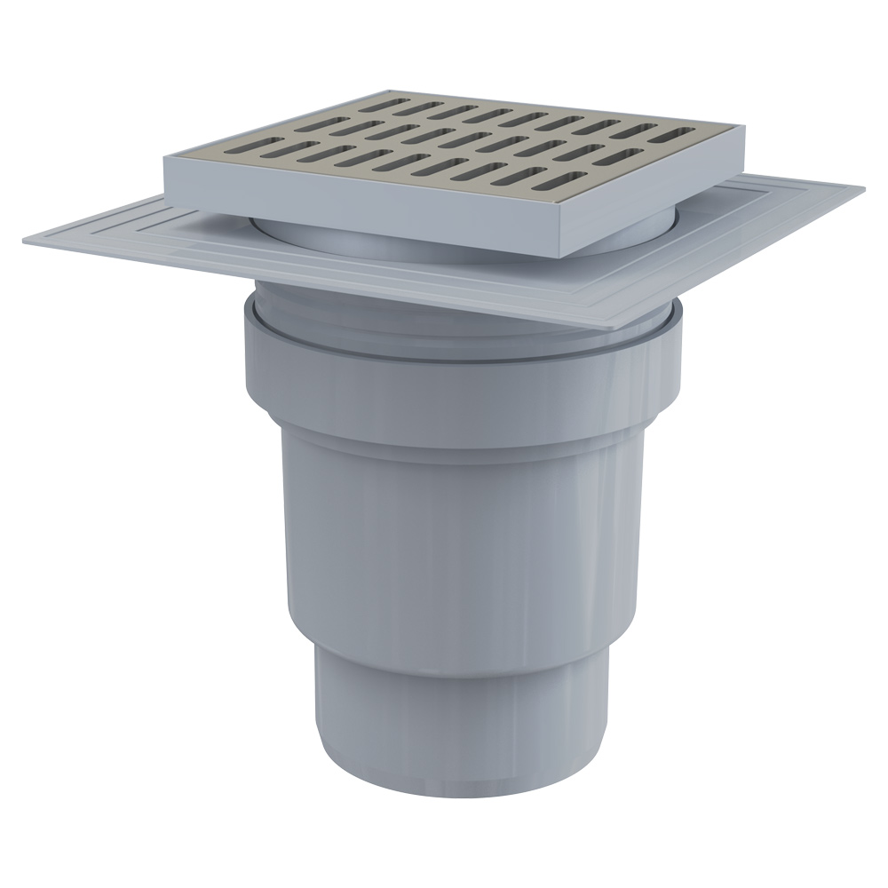 Сливной трап AlcaPlast 150x150/110 мм прямой сток, решетка из нержавеющей стали, воротник изоляции 2–го уровня, гидрозатвор мокрый