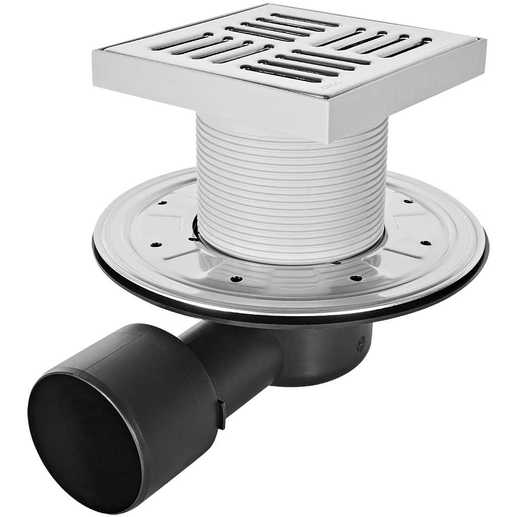 Сливной трап AlcaPlast 105x105/50/75 мм боковой сток, решетка из нержавеющей стали, фланец из нержавеющей стали, воротник изоляции 2–го уровня, гидрозатвор сухой и мокрый