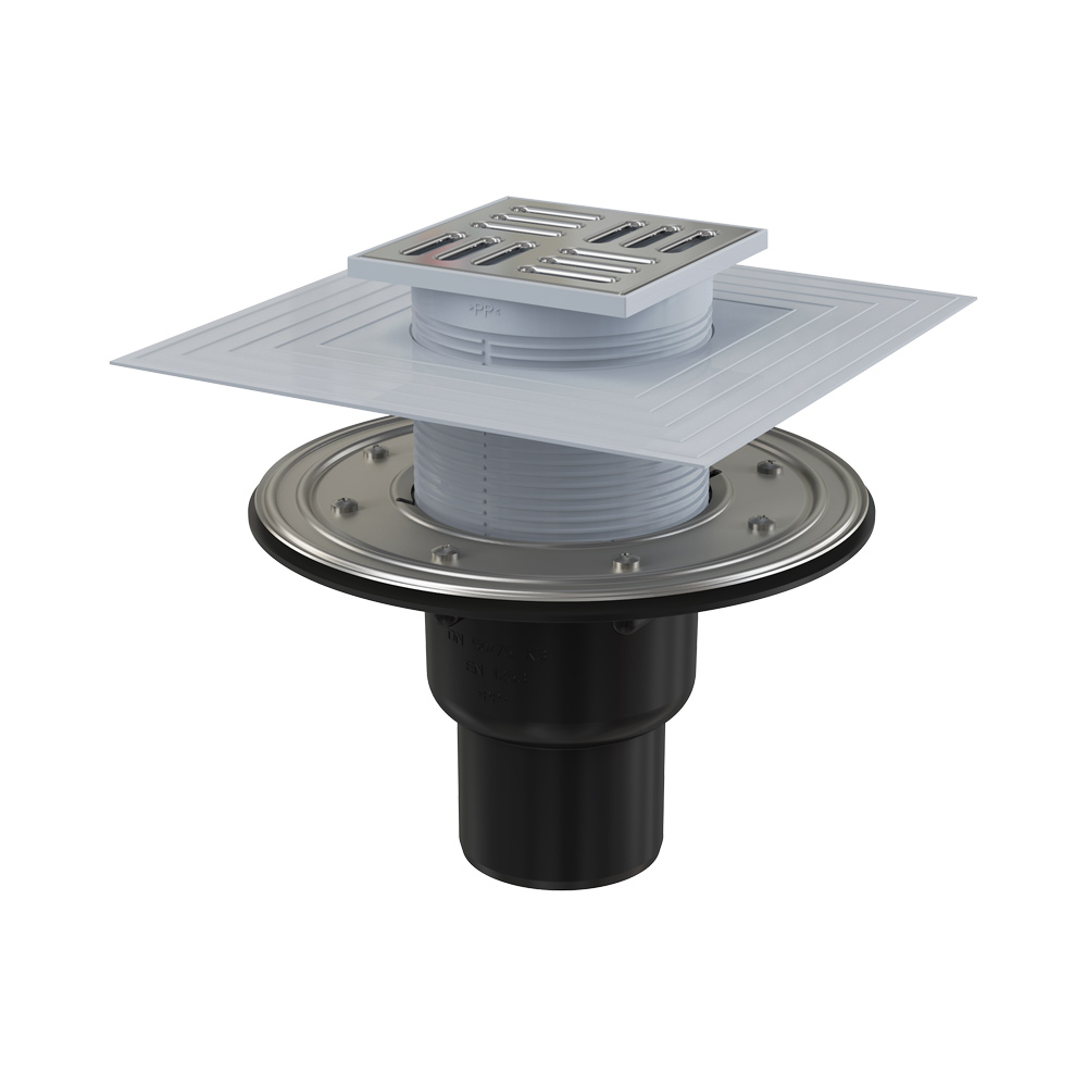 Сливной трап AlcaPlast 105x105/50/75 мм боковой сток, решетка из нержавеющей стали, фланец из нержавеющей стали, воротник изоляции 2–го уровня, гидрозатвор сухой и мокрый