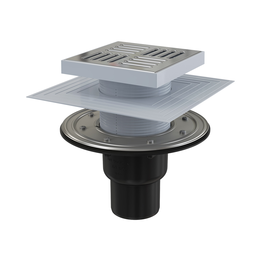 Сливной трап AlcaPlast 105x105/50/75 мм боковой сток, решетка из нержавеющей стали, фланец из нержавеющей стали, воротник изоляции 2–го уровня, гидрозатвор сухой и мокрый