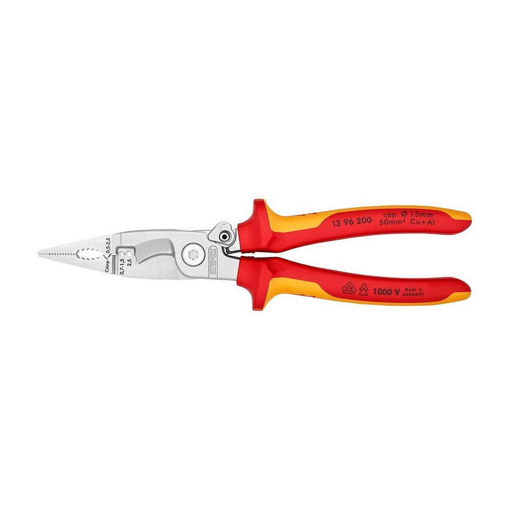 Клещи KNIPEX электромонтажные VDE, 6-в-1, зачистка 0.75 – 1.5 / 2.5 мм2, рез диаметр 15 мм / 50 мм2, 200 мм, защёлка, хром, 2-комп диэлектрические ручки