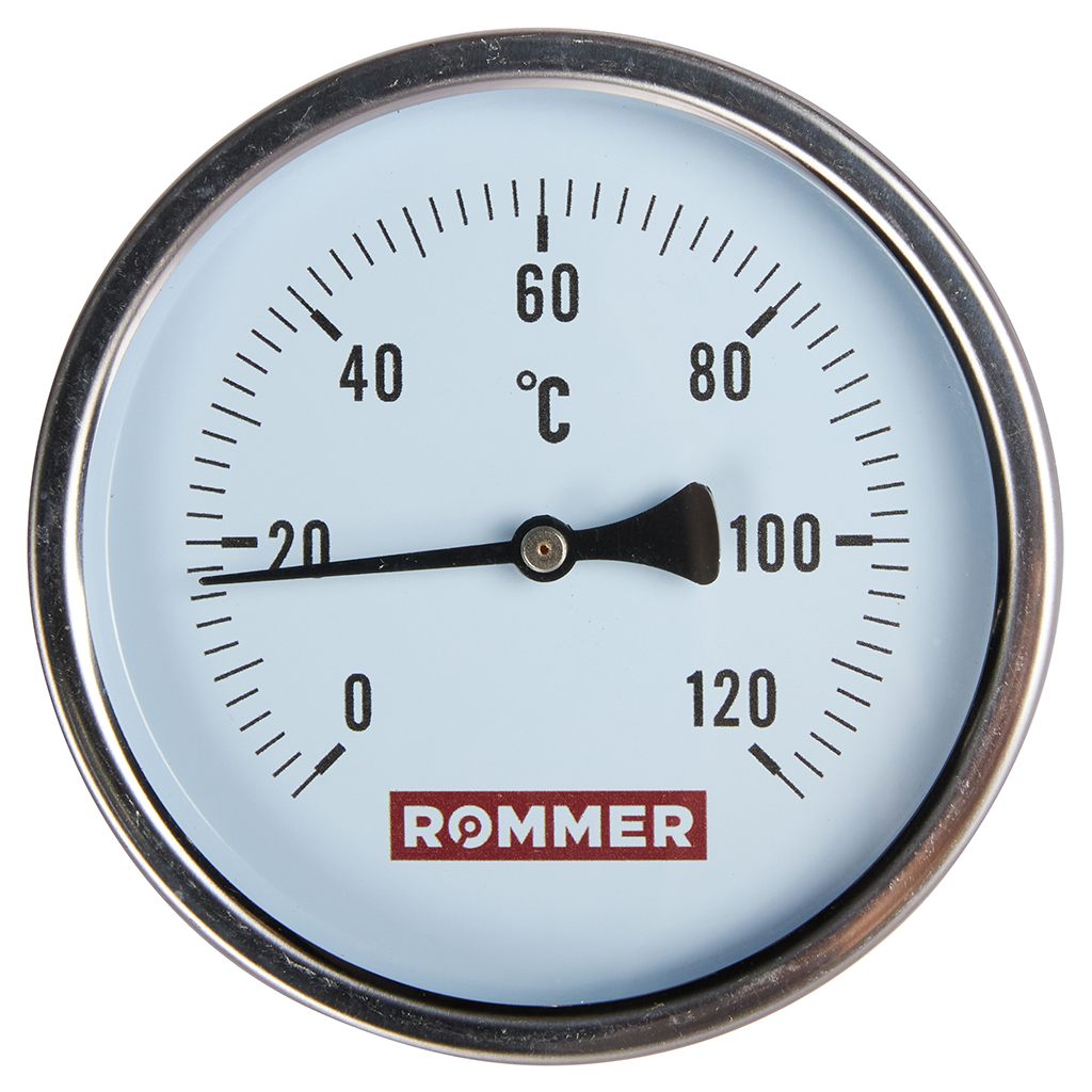 Термоманометр ROMMER биметаллический с погружной гильзой. Корпус Dn 100 мм, гильза 50 мм 1/2 , 0...120°С