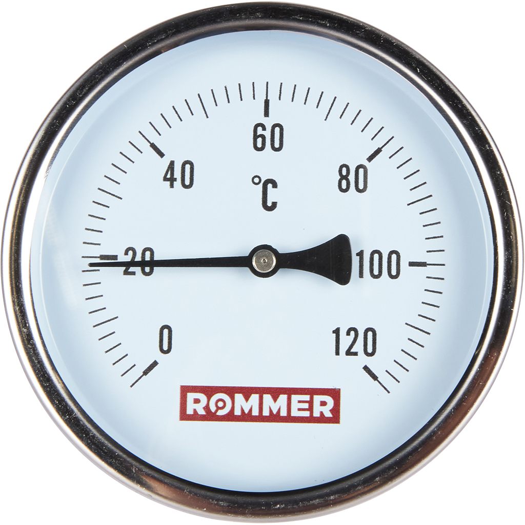 Термоманометр ROMMER биметаллический с погружной гильзой. Корпус Dn 100 мм, гильза 75 мм 1/2 , 0...120°С