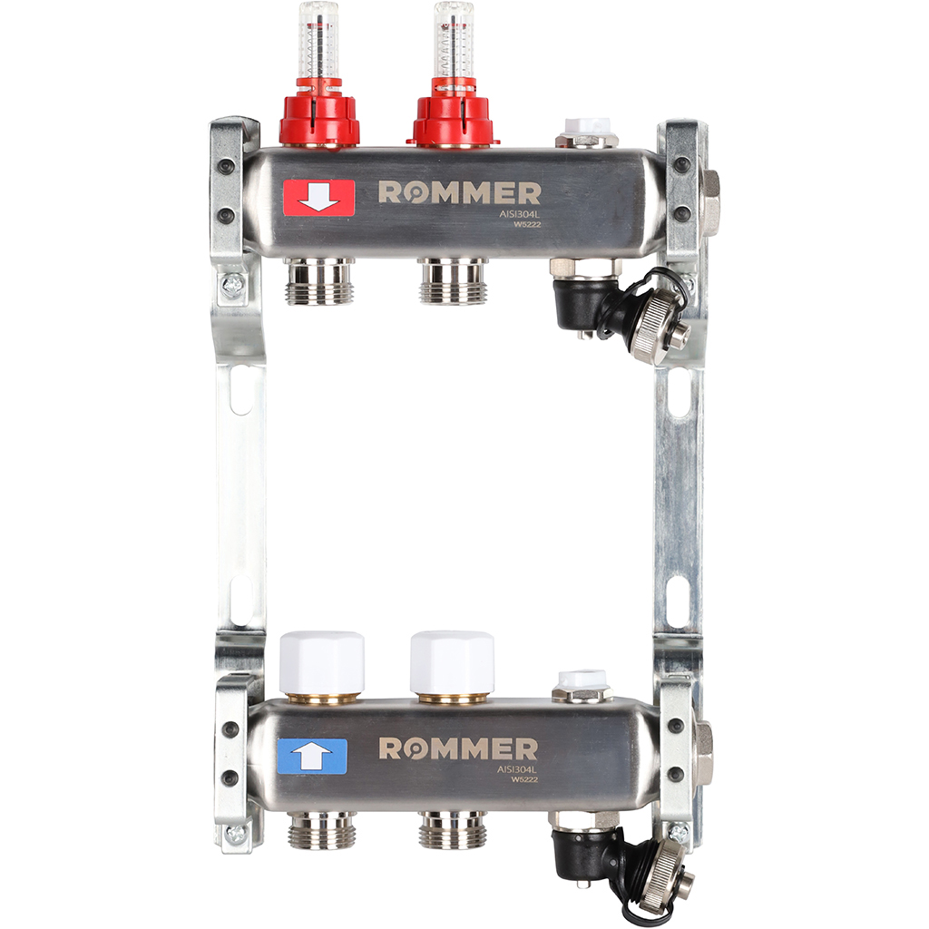 Коллектор с запорными клапанами:                                                                  - 1 обратный коллектор с отсечными клапанами   под электротермоприводы
- 1 подающий коллектор с расходомерами
- 2 цельнометаллических кронштейна             