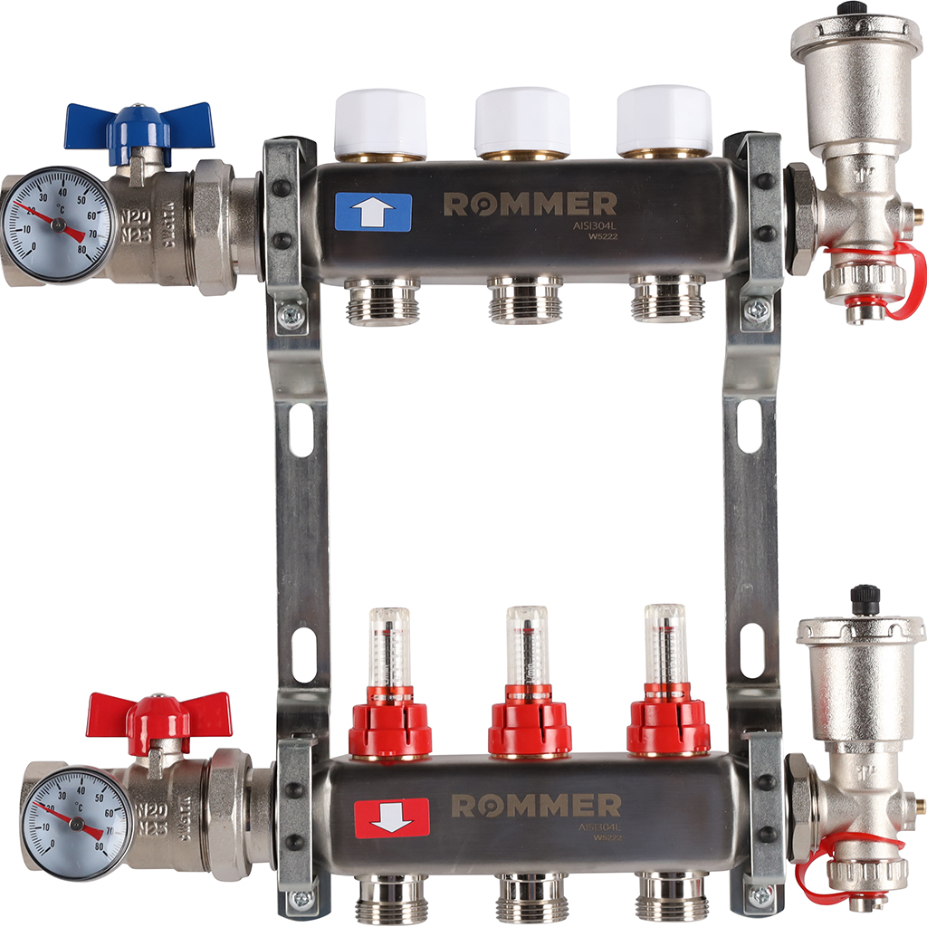 Коллектор из нержавеющей стали в сборе с расходомерами ROMMER 3 выхода
