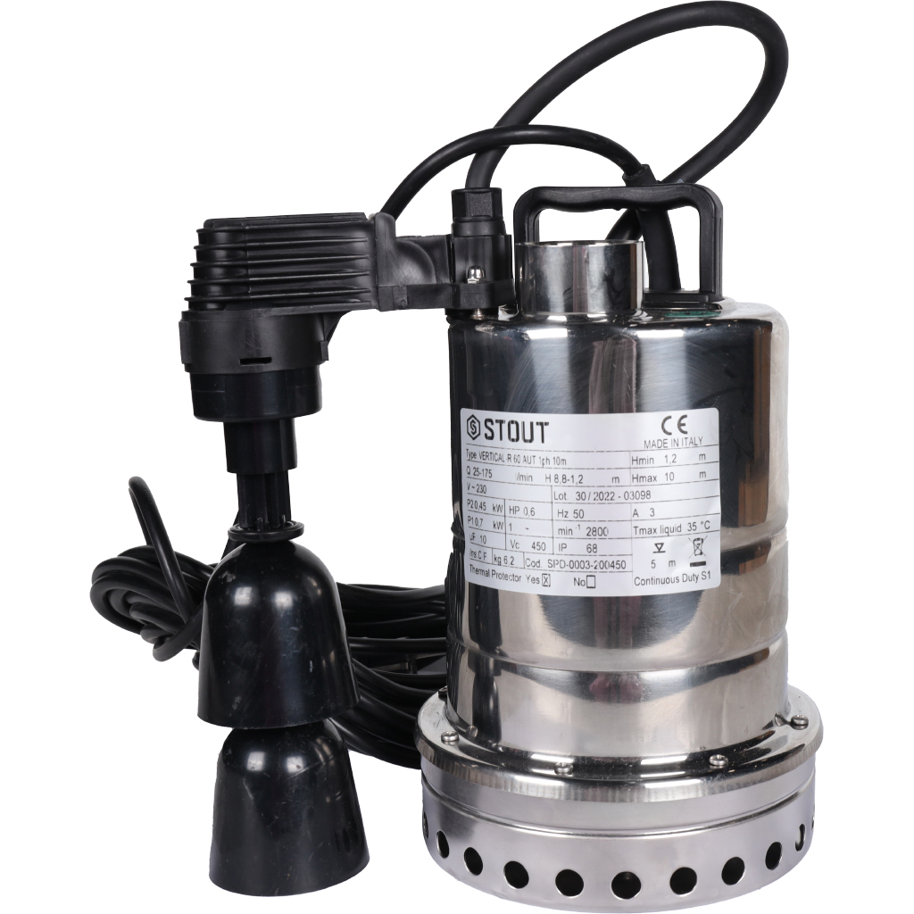 Насос дренажный STOUT с вертикальным поплавком, кабель 10 м, 230V, Q=175 л/мин, H=10 м